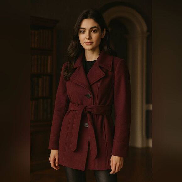 Urban Outfitters S Deep Red Belted Peacoat Single Breasted Lagenlook Fall Winter - Picture 1 of 8